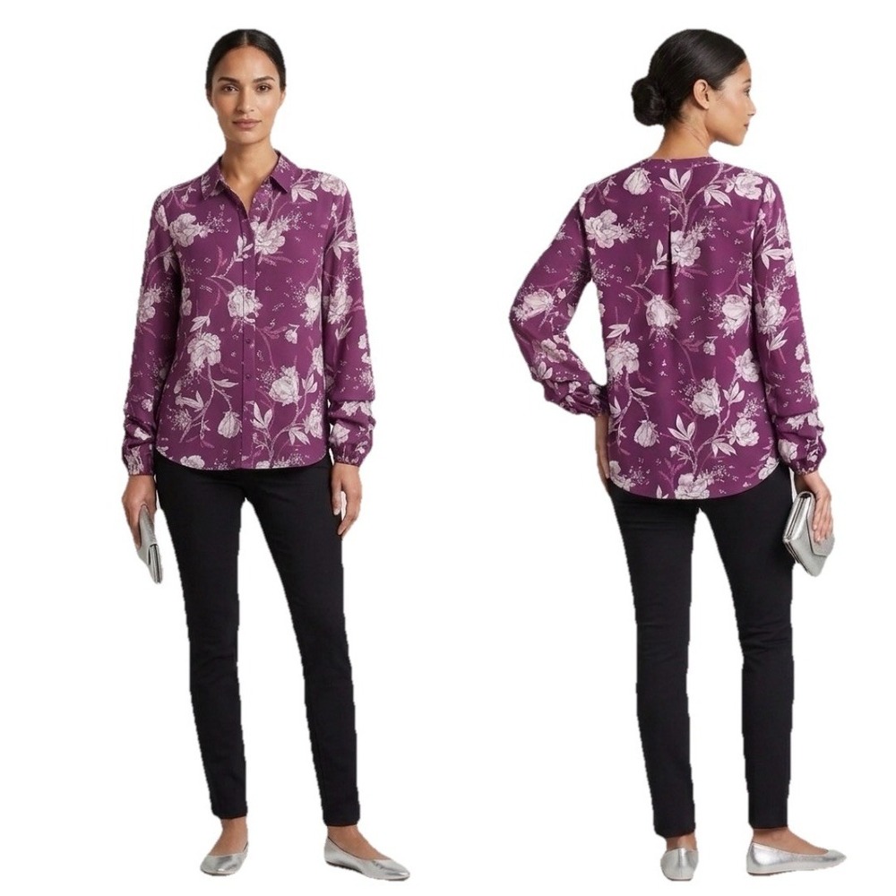 Belle by Kim Gravel Top Women's 2X‎ Purple Floral Long Sleeve Button Up Blouse